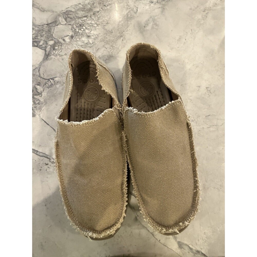 Crocs Santa Cruz Mens 10 Khaki Tan Canvas Slip On Loafers Comfort Shoes